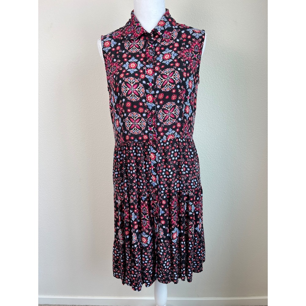 Floral Shirt Dress M Boho Travel Midi Sleeveless Button Front Rayon Cottagecore